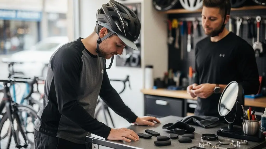 A cyclist wearing a helmet shakes their head without fastening the straps while a shop assistant checks how the inner liner slides over the scalp.