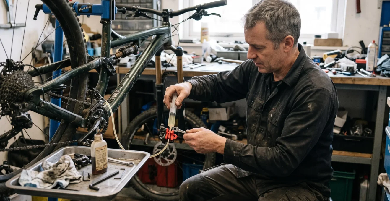 A mechanic bleeds a hydraulic disc brake on a bike held in a repair stand, using a syringe of mineral oil connected to the caliper bleeder valve.