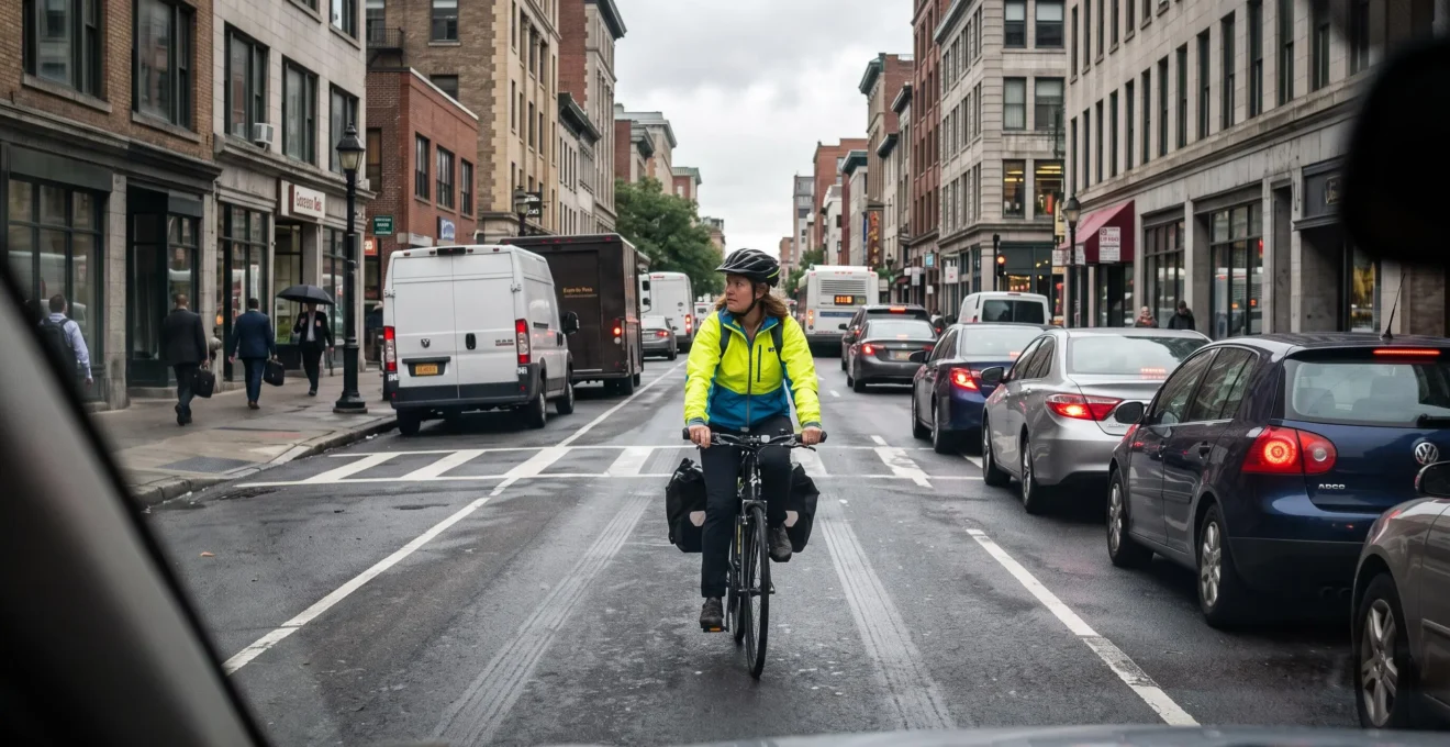 A cyclist in a bright jacket rides in the center of a narrow city traffic lane during rush hour, with cars following behind and parked vans narrowing the road ahead.