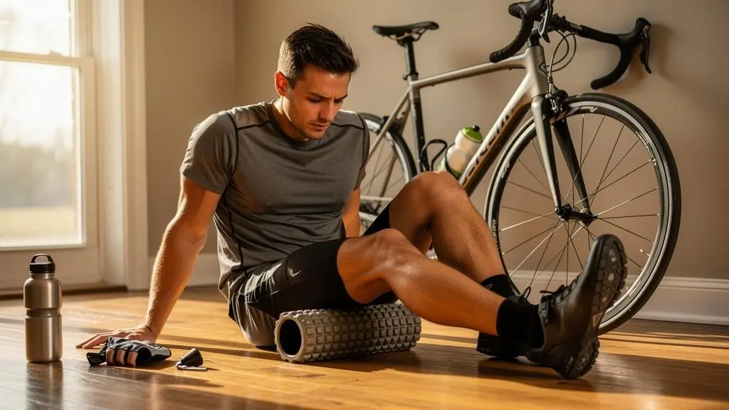 A cyclist sitting on his living room floor rolling his quadriceps on a foam roller next to his bicycle after a ride.