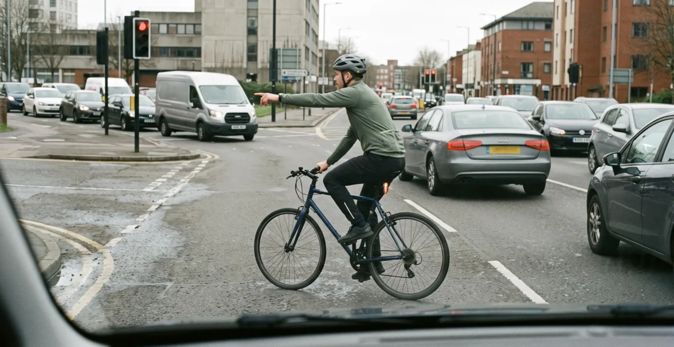 A cyclist rides in traffic on a city road holding a full left-arm hand signal while drivers wait behind.