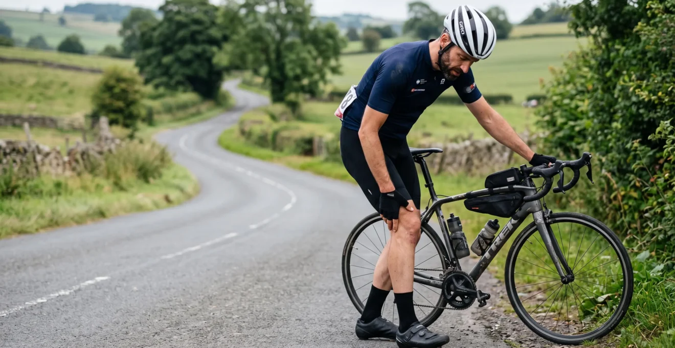 A road cyclist stopped at the side of a quiet road pressing the outside of his knee next to his bicycle.