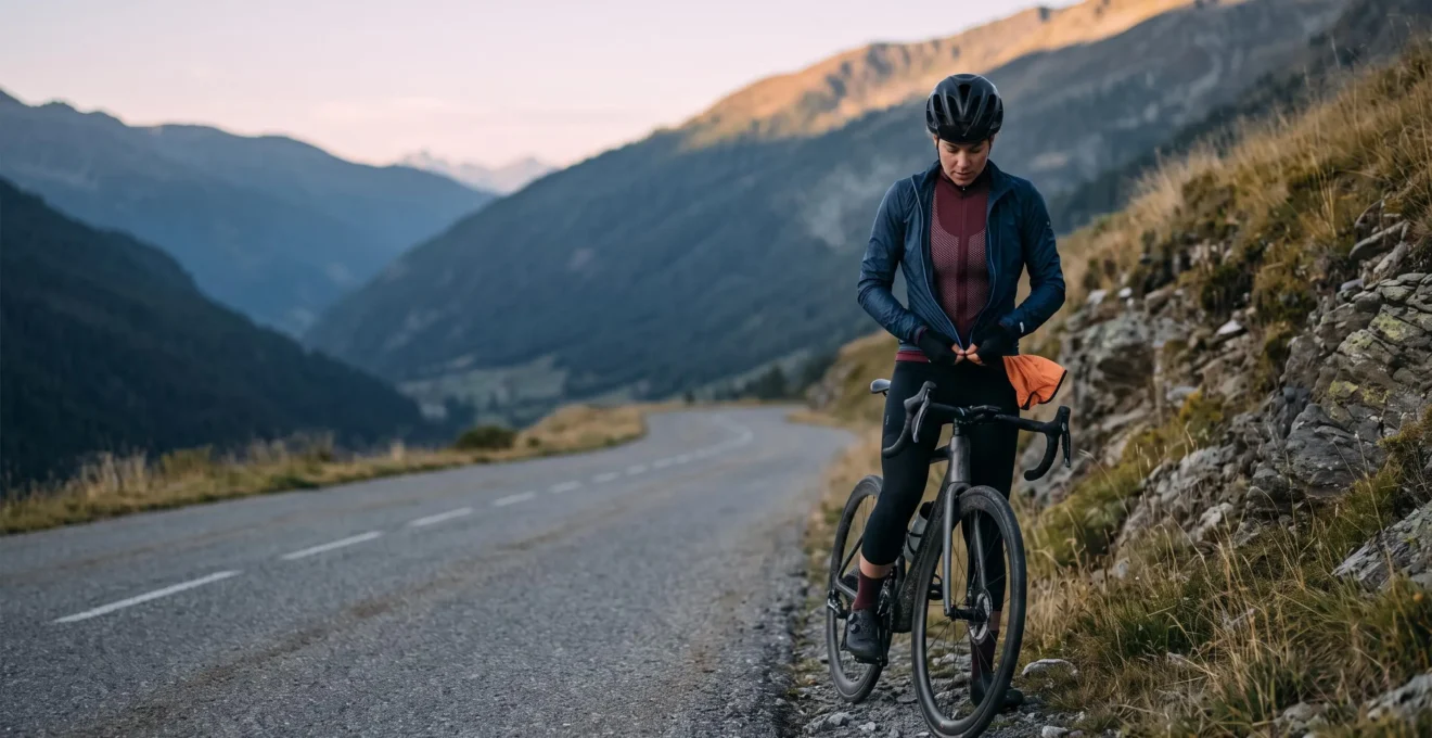 A cyclist stopped on a cold morning roadside zips up a wind shell over layered cycling clothing before descending into the valley.