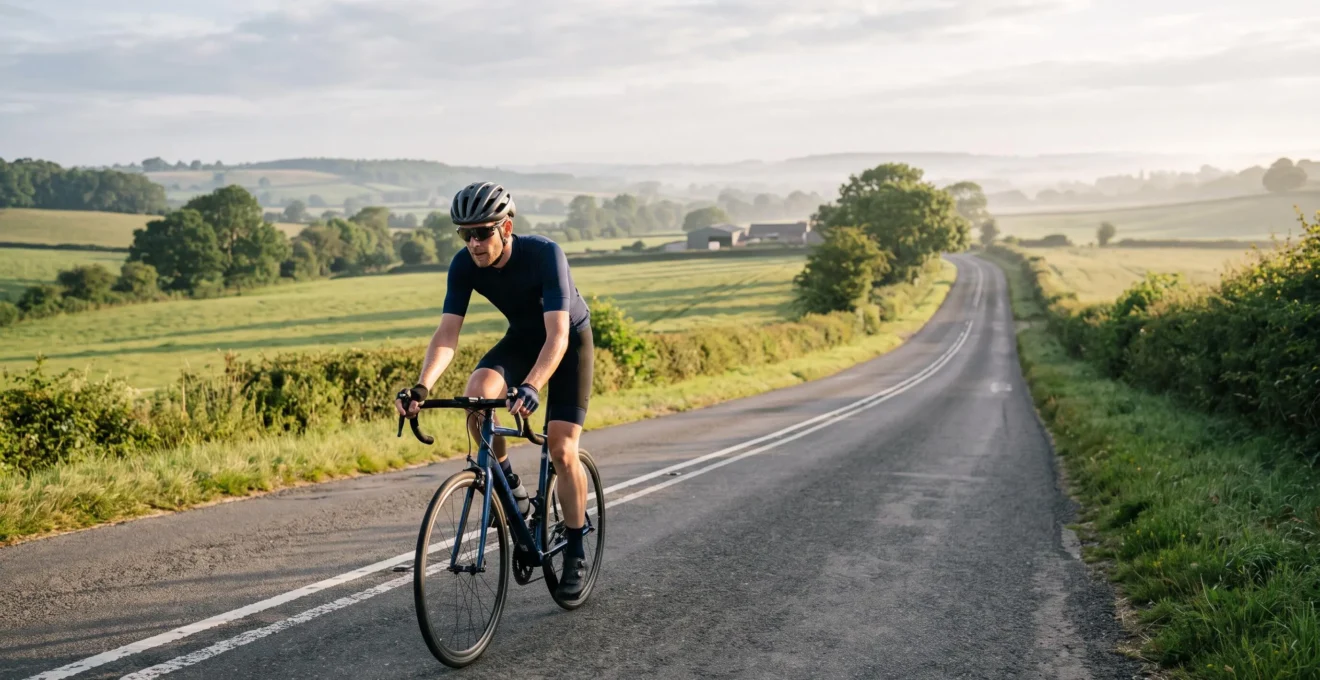 A road cyclist riding alone on an open country road in the early morning, holding a steady pace during a long endurance ride.
