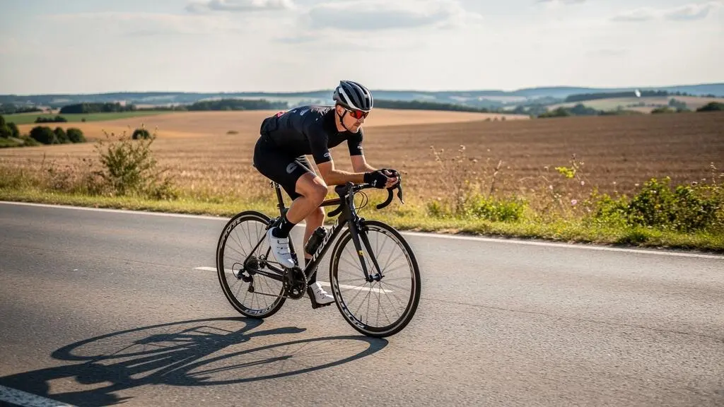 A road cyclist riding on a flat open road in a low aerodynamic tuck position with forearms close together on the handlebar.
