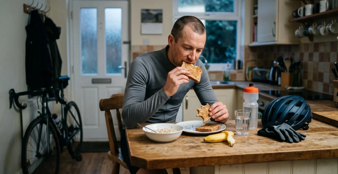 A cyclist eating toast and a banana at a kitchen counter before a ride, with a helmet, water bottle and a road bike visible nearby.