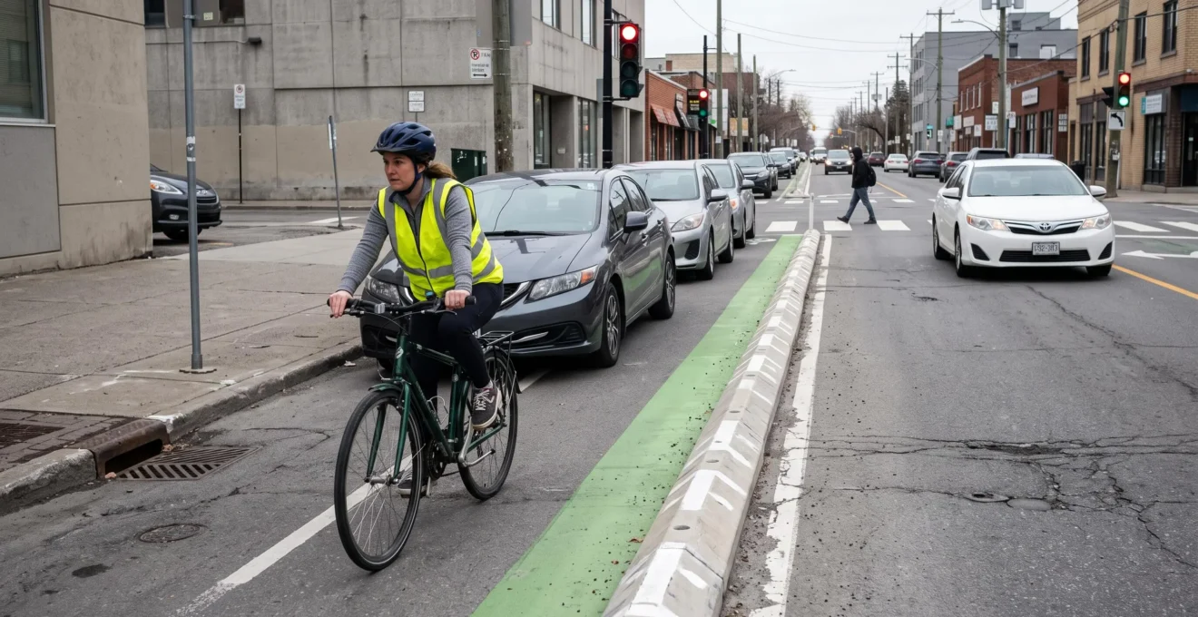 A cyclist rides in a parking-protected bike lane toward an intersection where the lane protection ends and a car waits to turn across the lane.
