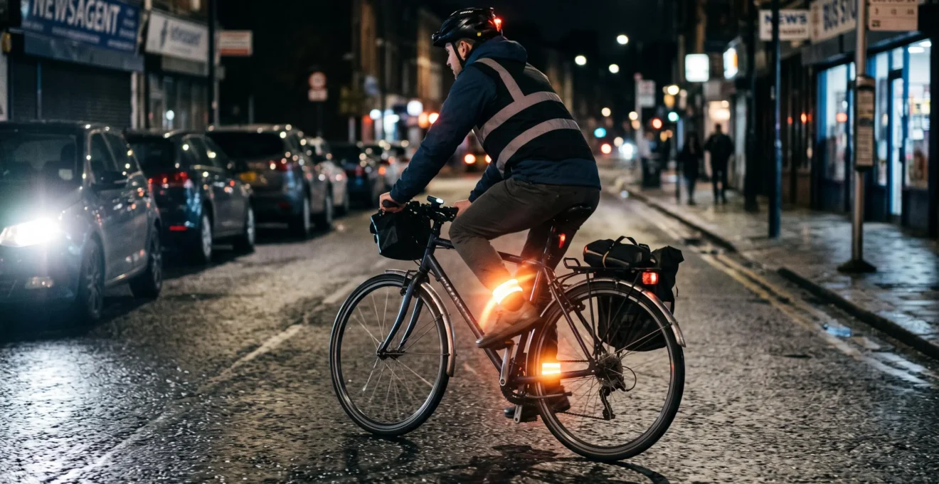 A cyclist riding at night with reflective ankle bands flaring brightly under a car headlight while the static vest panels stay dull.