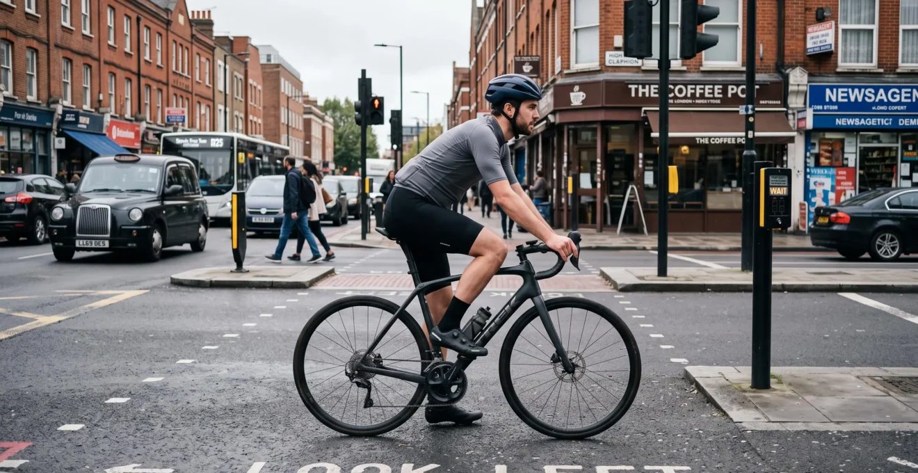 A cyclist stopped at a city intersection with one foot unclipped from the pedal and planted on the road for balance.