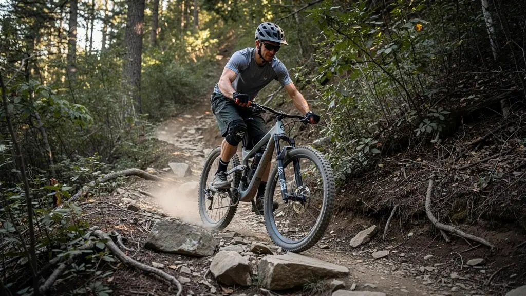 A rider descends a rocky forest trail on a full-suspension mountain bike with the rear suspension compressing over a rock.