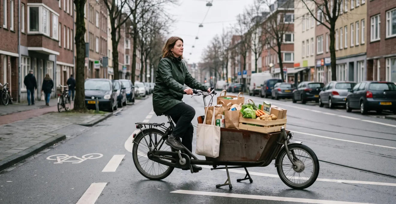 A rider carrying a full weekly grocery load in the front box of a cargo bicycle on an urban bike lane.
