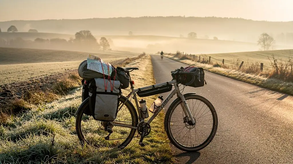 A fully loaded touring bicycle with panniers parked on a rural roadside at early morning, ready for a long-distance cycling day.