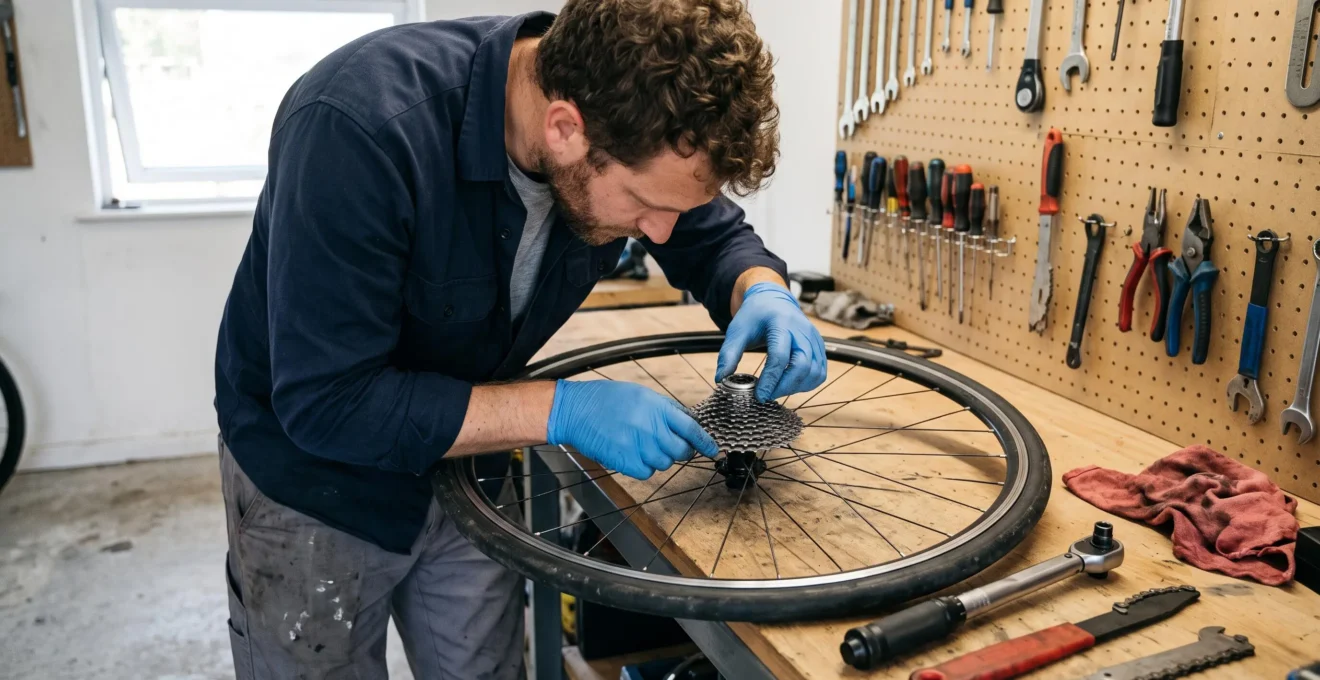 A mechanic aligning a bicycle cassette on a rear wheel freehub and starting the lockring by hand on a workshop bench.