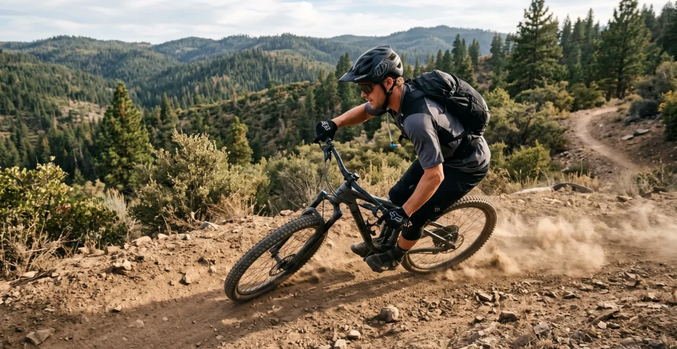 A mountain biker leaning into a fast descent on a dry singletrack trail, wearing a hydration backpack with hip belt and shoulder straps.