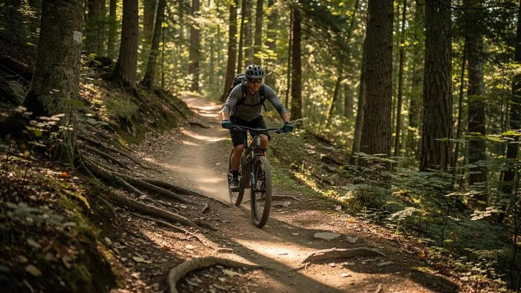 A mountain biker riding a narrow forest singletrack trail at a steady, relaxed pace while looking ahead down the trail.