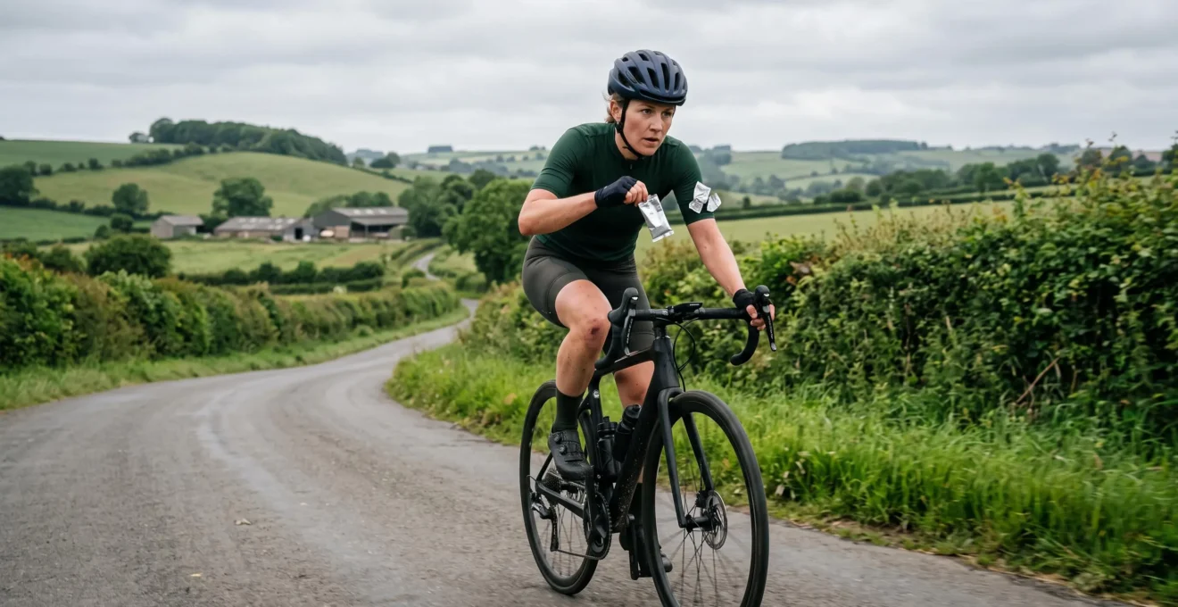 A road cyclist eating an energy gel while riding alone on a quiet country road during a long ride.