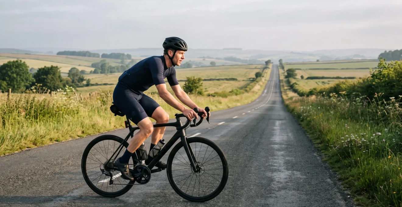 A road cyclist riding alone on a long rural road during endurance training, hands on the handlebars in a steady pedaling position.