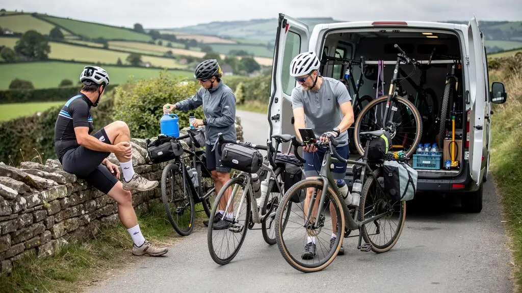 Cyclists resting beside an open support van on a rural road during a multi-day cycling tour.