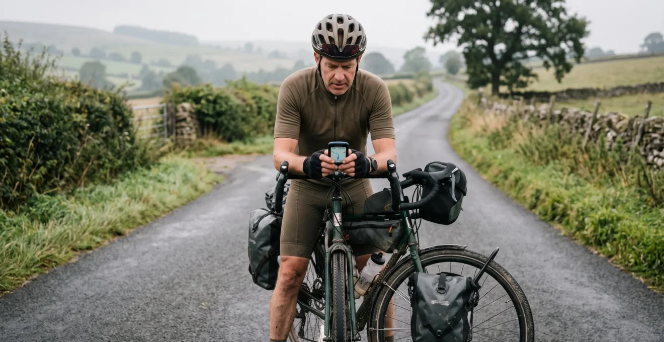 A touring cyclist with loaded panniers reads the handlebar-mounted GPS computer during a stop on a quiet rural road.